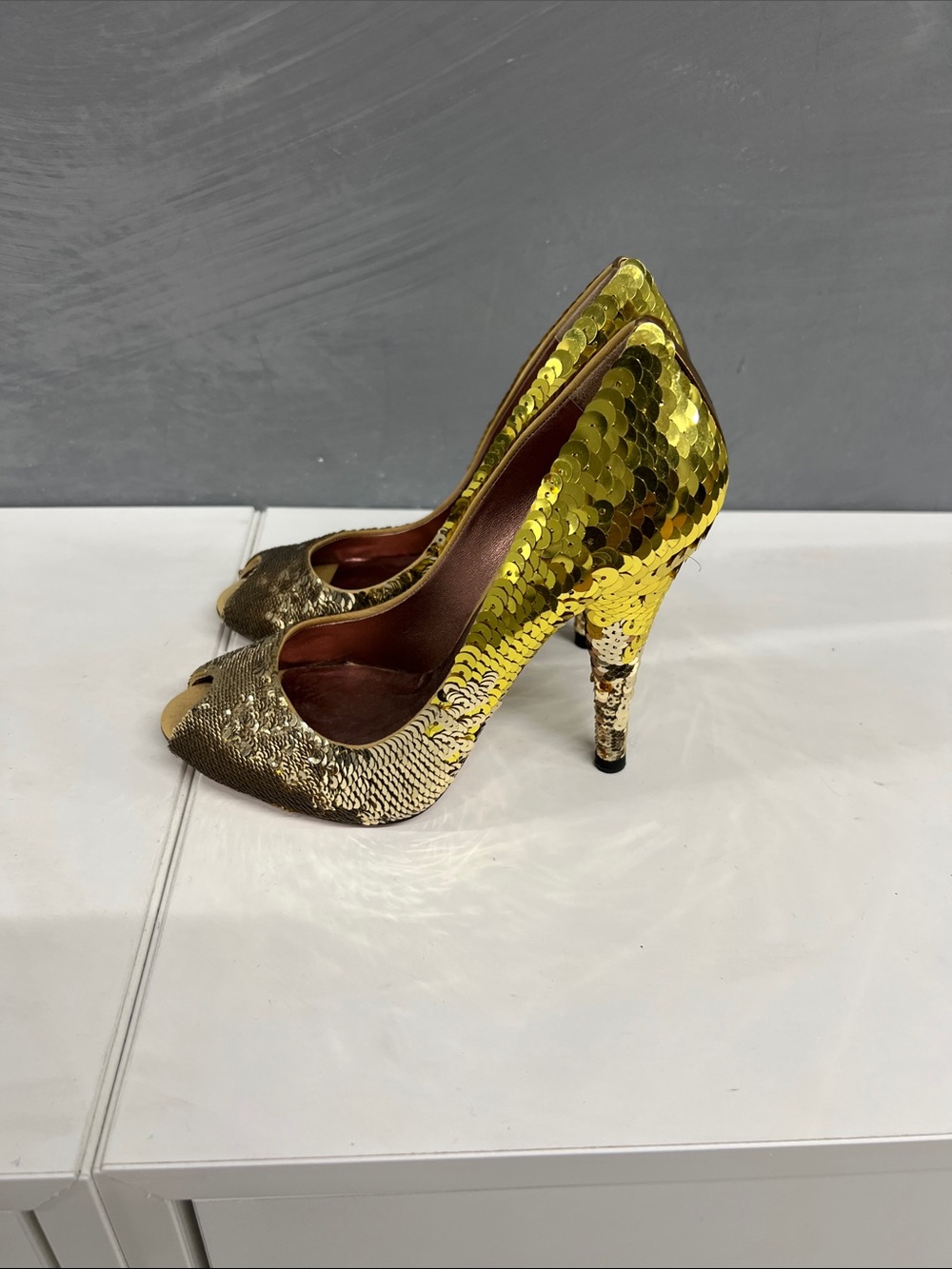 Miu Miu Gold Sequin Peep-Toe High Heels